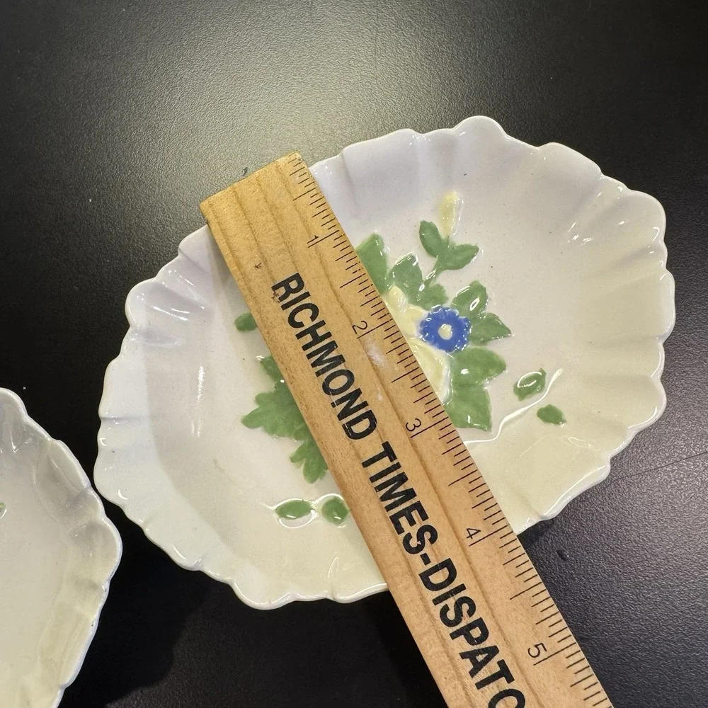 Vintage Hand Painted Trinket Dish Floral 2 Scalloped‎ Blue Green Yellow Flowers